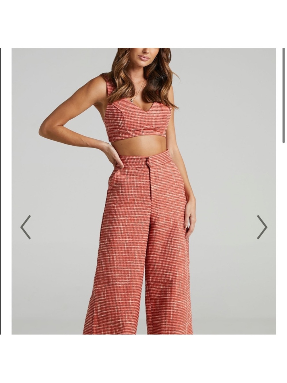 NWT Showpo Adelaide Two Piece Tweed Crop Top & Wide Leg Pants Set Burnt Orange